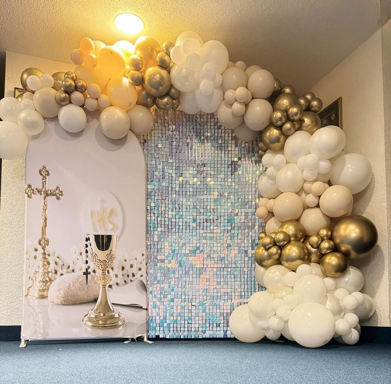 Luxury First Holy Communion Backdrop with Shimmer Wall