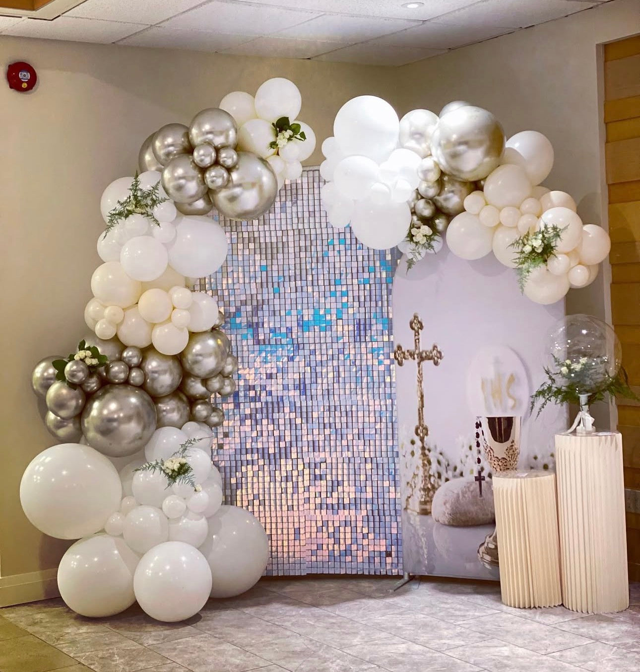 Luxury First Holy Communion Backdrop with Shimmer Wall